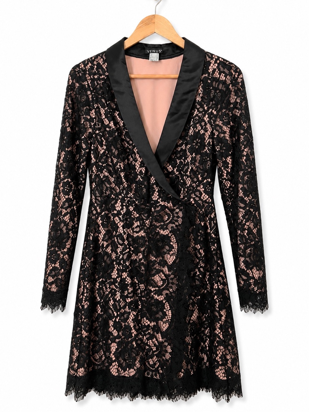 VENUS Black Lace Wrap Dress Size 6 Long Sleeve Cocktail Dress